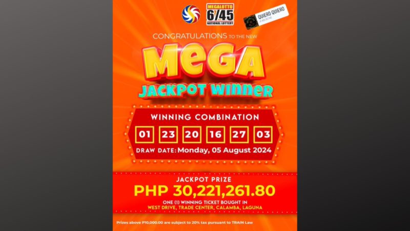 Lotto bettor mula Calamba, Laguna wagi ng mahigit P30M na jackpot prize sa Mega Lotto
