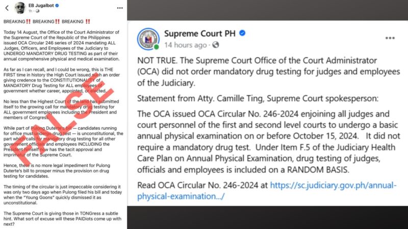 Korte Suprema walang utos para sumailalim sa mandatory drug test ang lahat ng empleyado ng korte