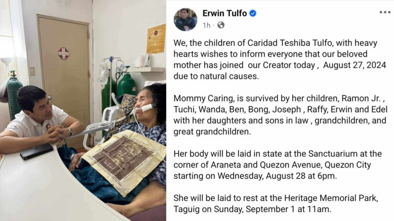 Ina ng magkakapatid na Tulfo na si Mommy Caring Tulfo, pumanaw sa edad na 97