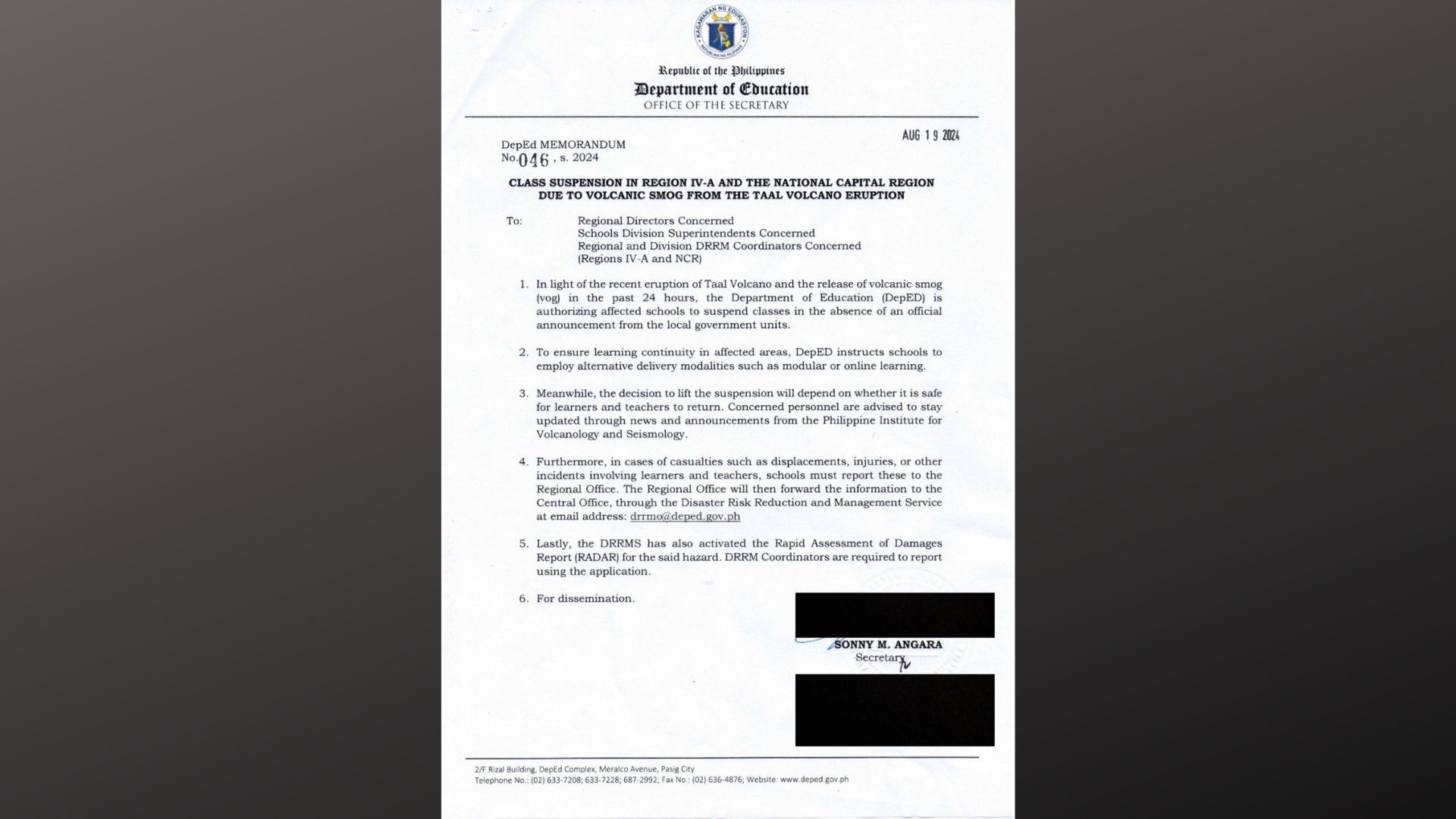 DepEd inatasan ang mga paaralan sa NCR at Calabarzon na magpasya kung kailangang suspendihin ang F2F classes dahil sa volcanic smog