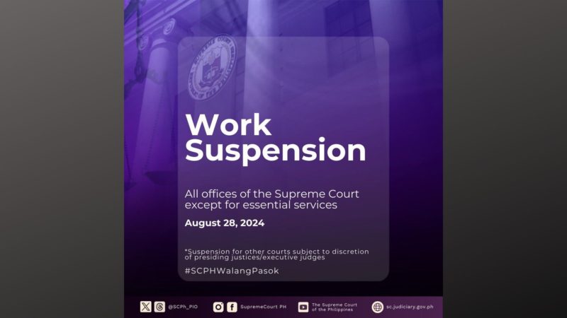 Pasok sa Korte Suprema suspendido ngayong araw (Aug. 28).