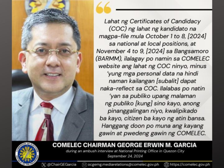 COC ng mga kandidato sa 2025 elections ilalagay sa Comelec website