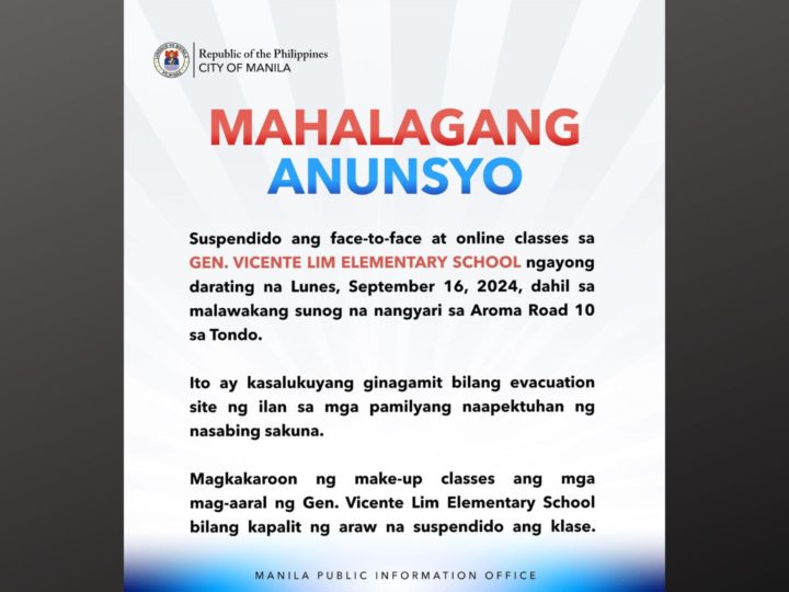 Klase sa Gen. Vicente Lim Elementary School sa Maynila suspendido kasunod ng malaking sunog na naganap sa Aroma Road 10, Tondo