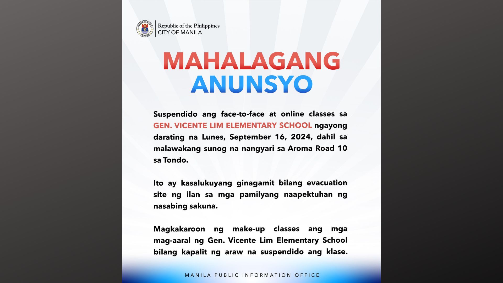 Klase sa Gen. Vicente Lim Elementary School sa Maynila suspendido kasunod ng malaking sunog na naganap sa Aroma Road 10, Tondo