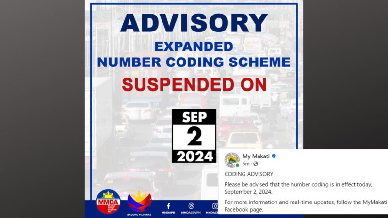 Pag-iral ng number coding sa Metro Manila sinuspinde ng MMDA