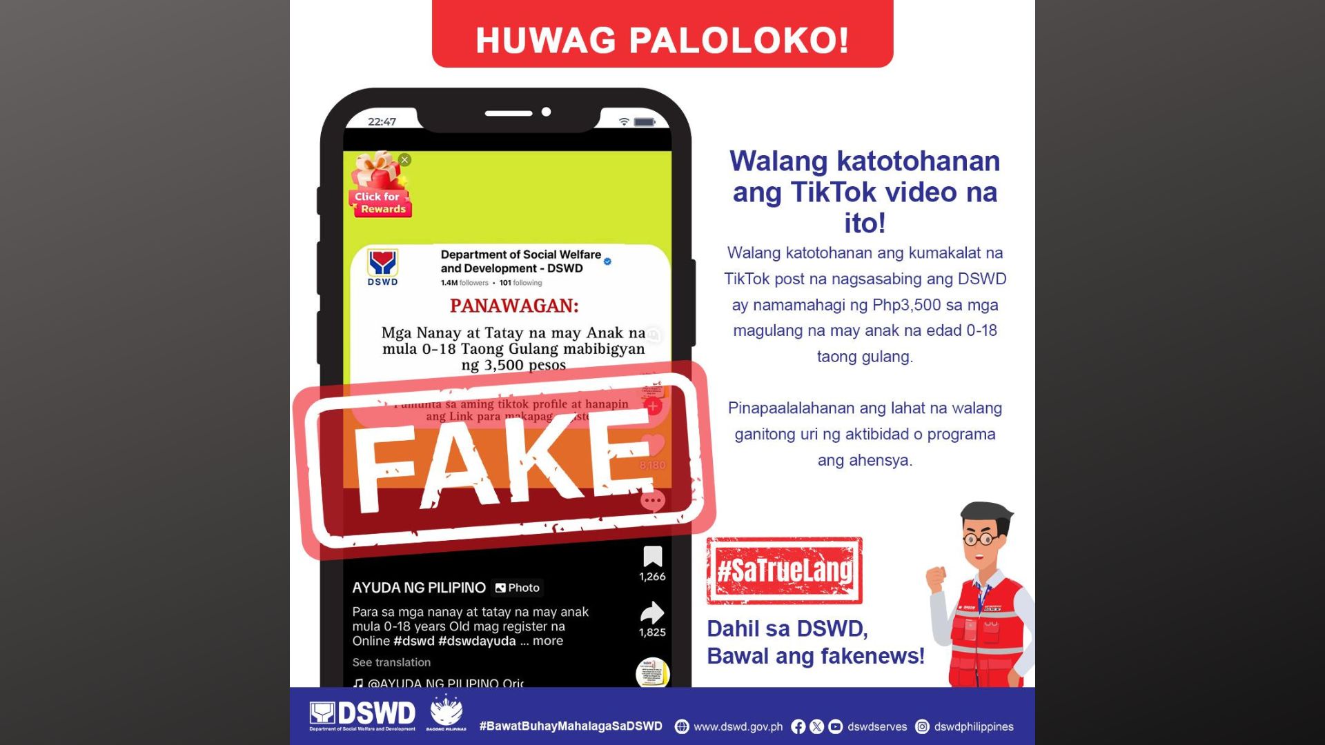 Post sa TikTok kaugnay sa P3,500 na ayuda sa mga magulang na may anak na edad 0-18, peke ayon sa DSWD