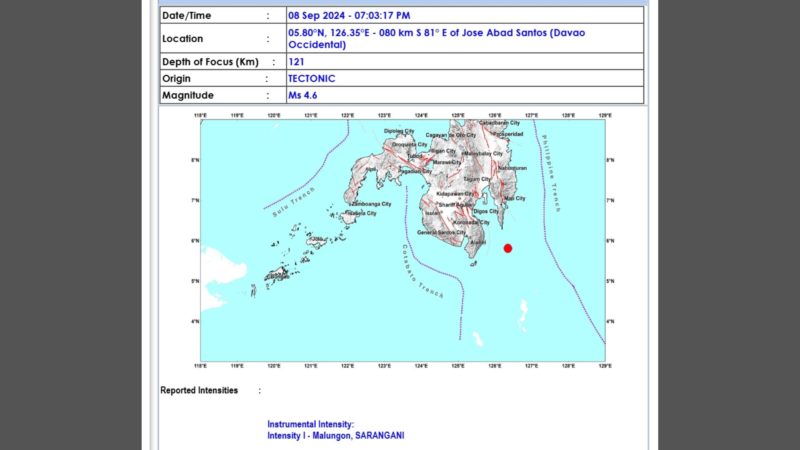 Davao Occidental niyanig ng magnitude 4.6 na lindol