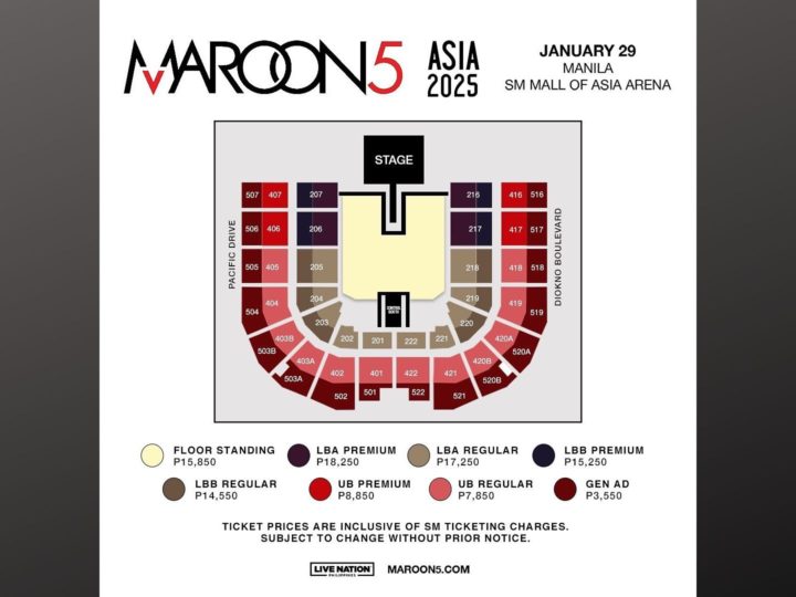 Presyo ng ticket para sa concert ng Maroon 5 sa Pilipinas inilabas na