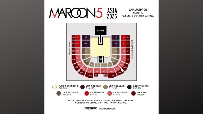 Presyo ng ticket para sa concert ng Maroon 5 sa Pilipinas inilabas na