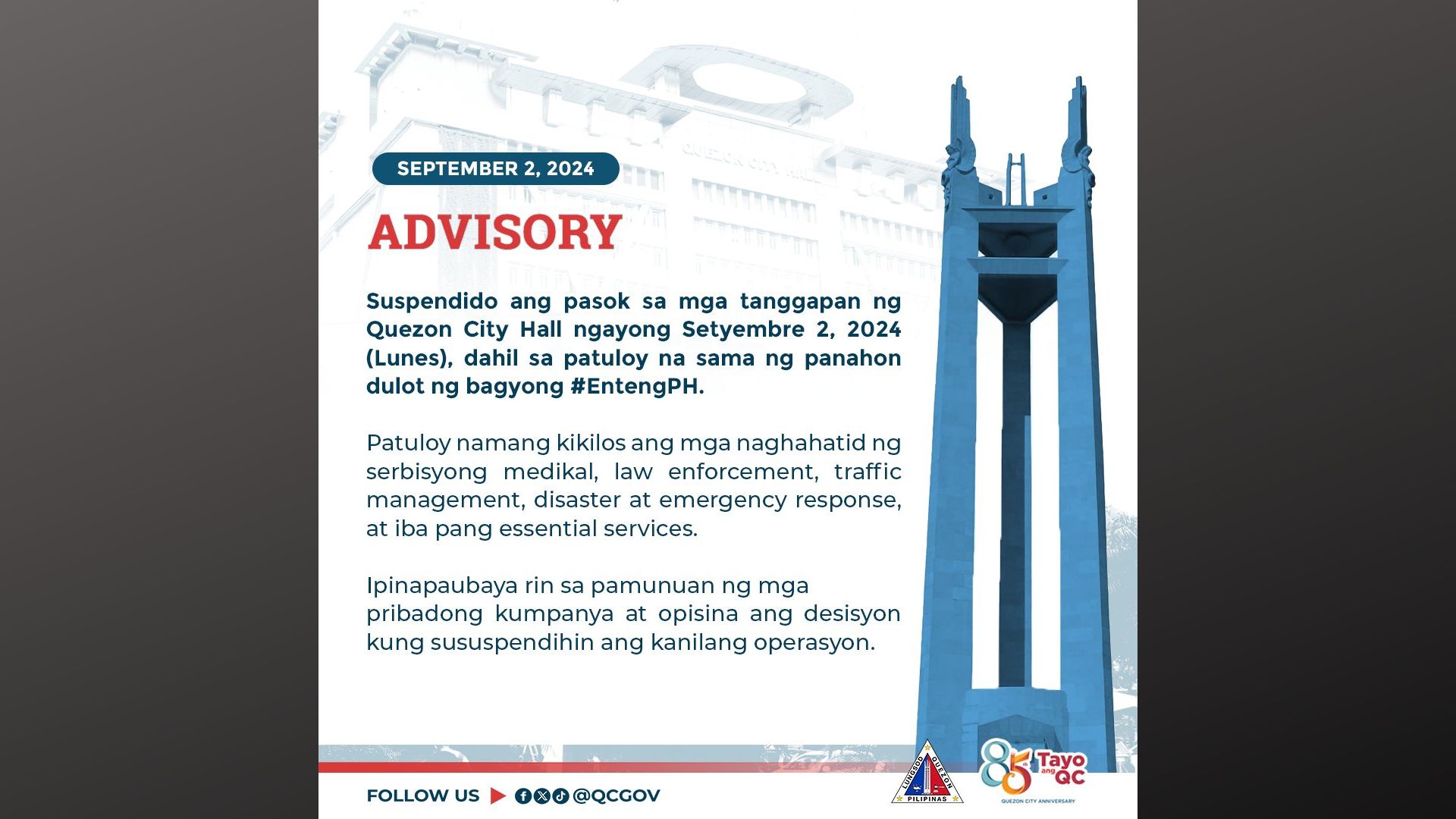 Pasok sa Quezon City Hall suspendido na ngayong araw, Sept. 2