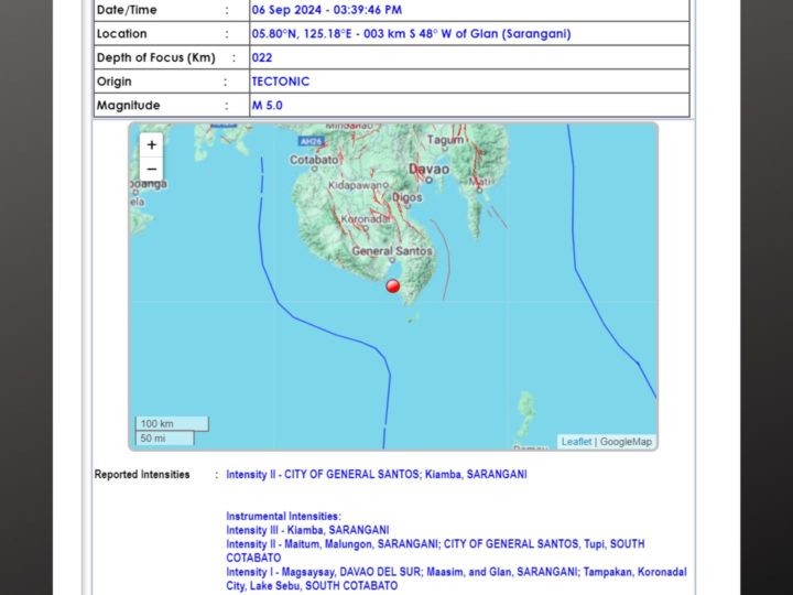 Sarangani niyanig ng magnitude 5.0 na lindol