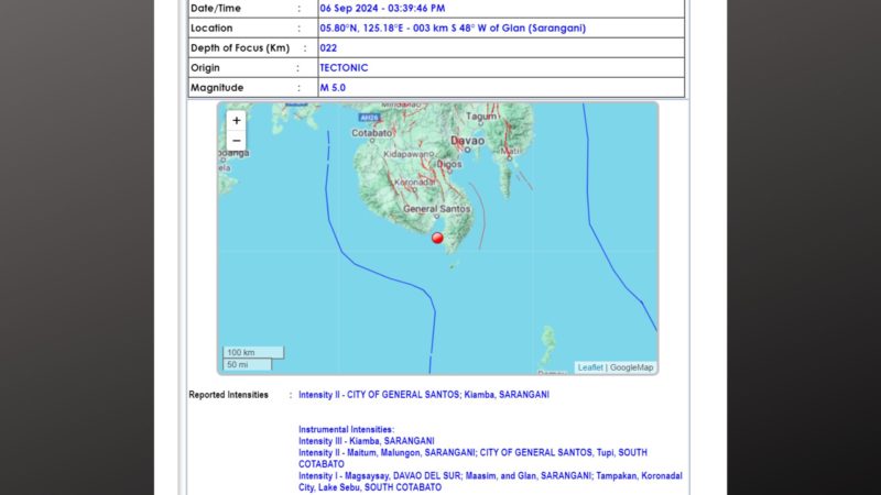 Sarangani niyanig ng magnitude 5.0 na lindol