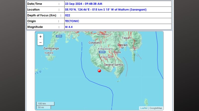 Sarangani niyanig ng magnitude 4.4 na lindol