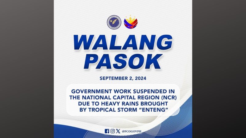 Pasok sa mga tanggapan ng gobyerno sa NCR suspendido na ngayong araw, Sept. 2