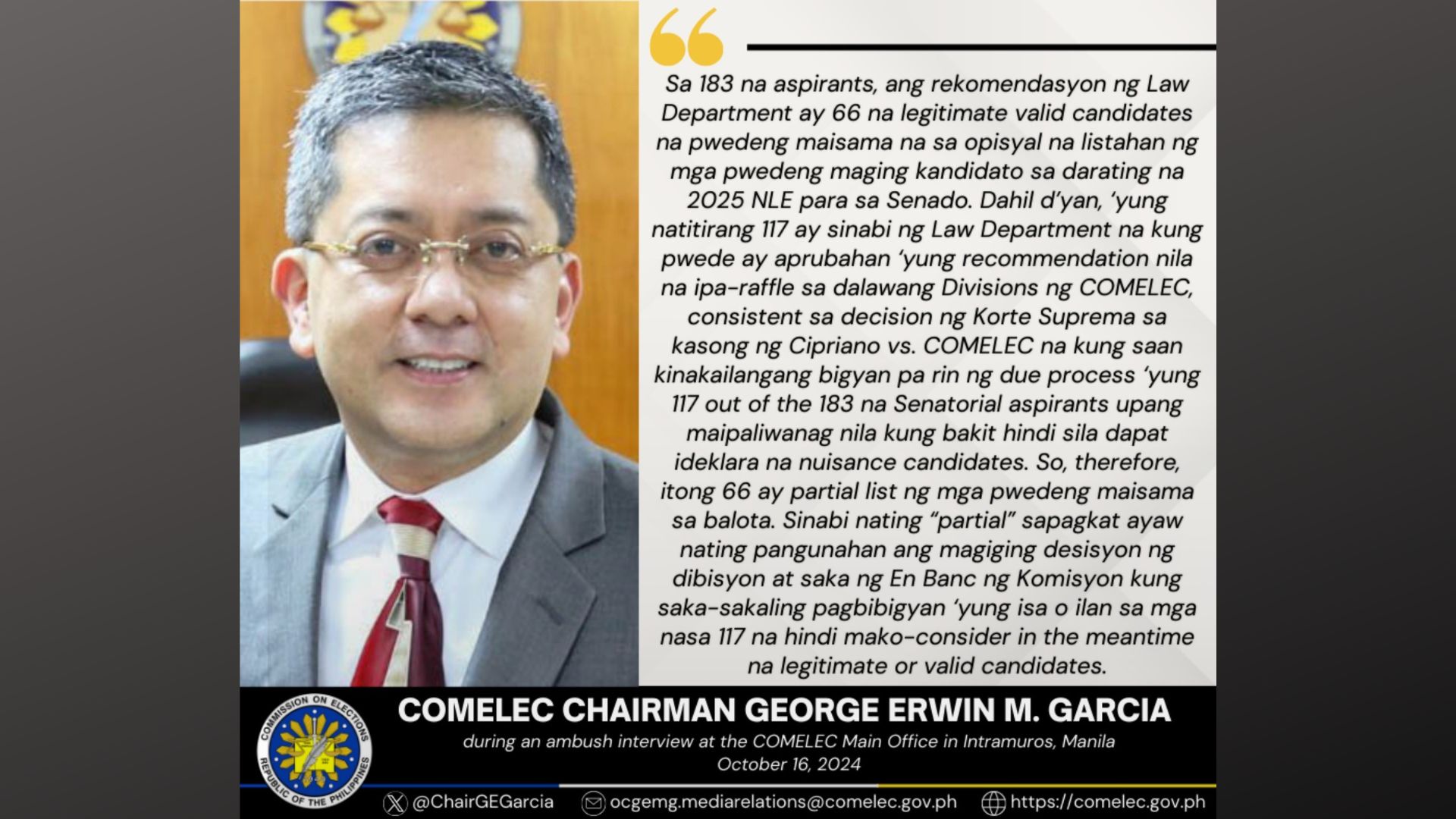 66 sa 183 na naghain ng COC sa pagka-senador mapapasama sa opisyal na listahan ng kandidato sa 2025 elections