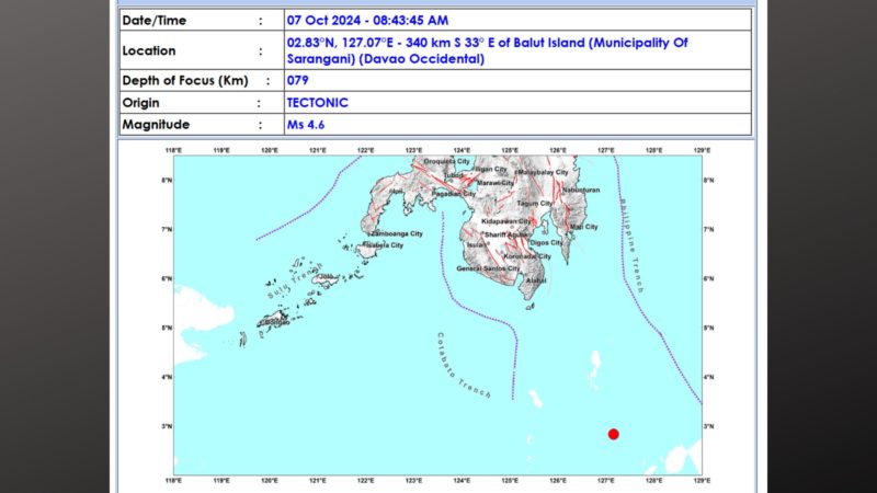 Balut Island sa Davao Occidental niyanig ng magnitude 4.6 na lindol