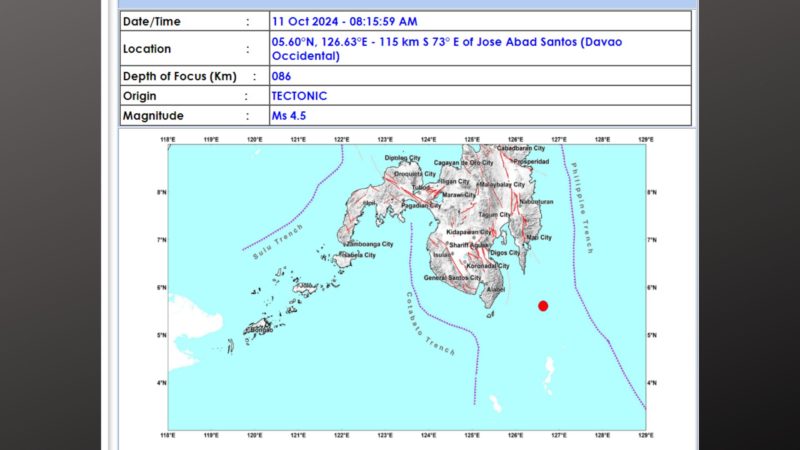 Davao Occidental niyanig ng magnitude 4.5 na lindol