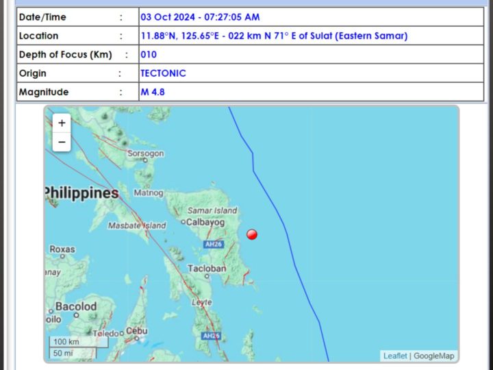 Eastern Samar niyanig ng magnitude 4.8 na lindol