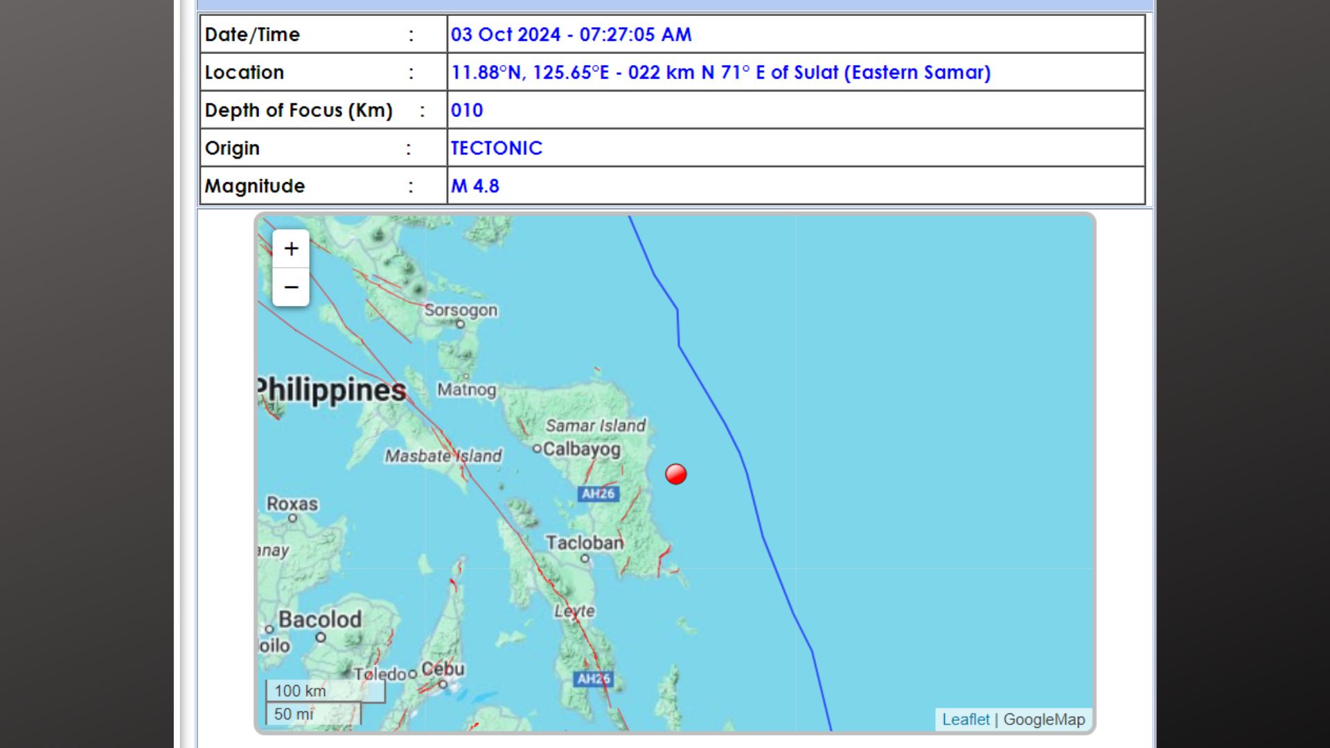 Eastern Samar niyanig ng magnitude 4.8 na lindol