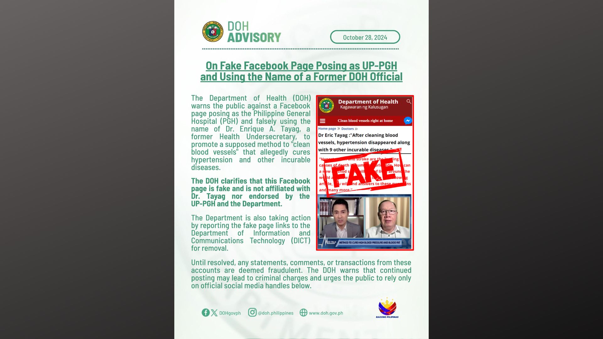 DOH pinag-iingat ang publiko sa pekeng Facebook page gamit ang PGH at dating DOH Usec.