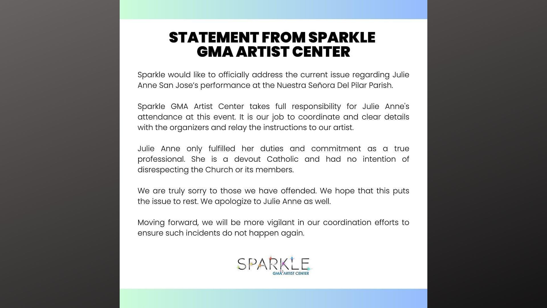 GMA Artist Center humingi ng paumanhin kasunod ng viral video ni Julie Anne San Jose na kumakanta sa loob ng simbahan