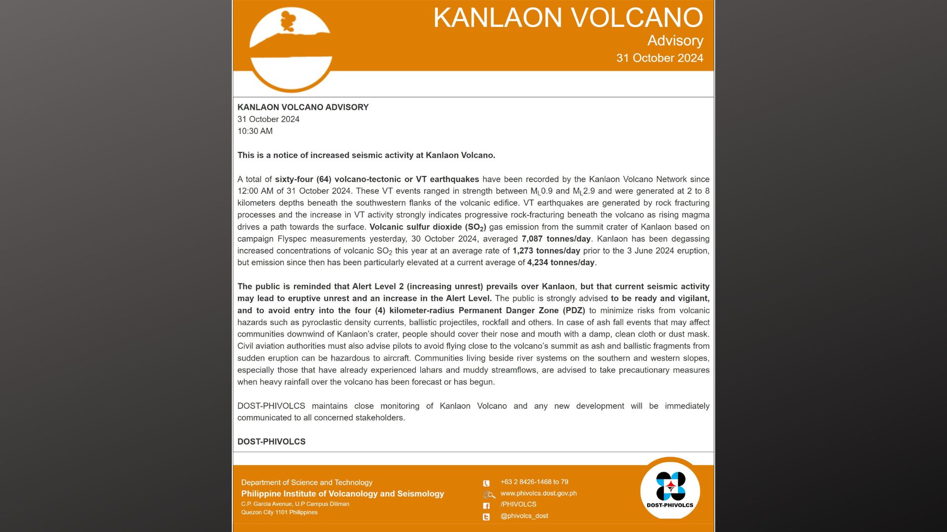 64 na Volcanic Earthquake naitala sa Mt. Kanlaon