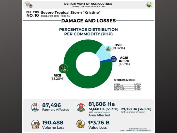 Halaga ng pinsala ng bagyong Kristine sa agrikultura umabot na sa P3.76B