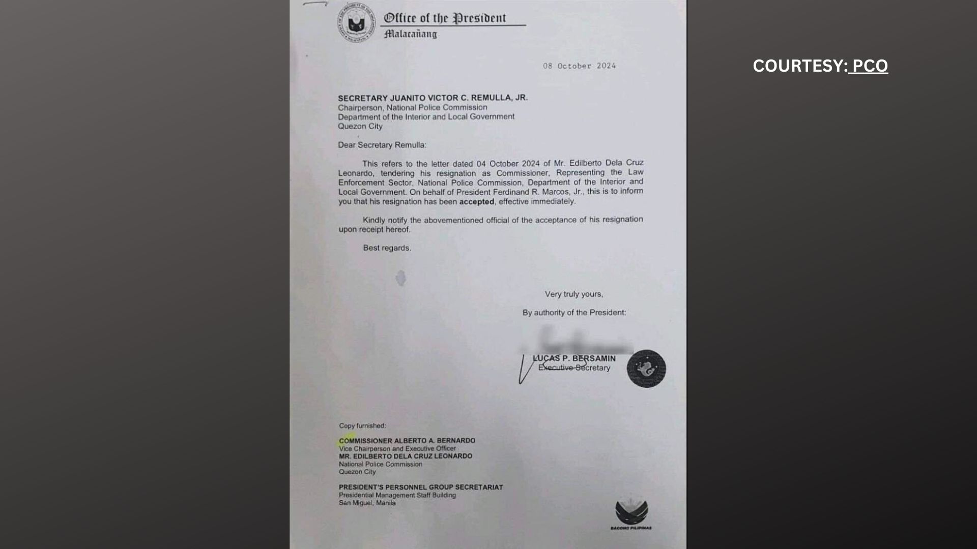 Resignation ni Napolcom Commissioner Edilberto Leonardo tinanggap ni Pang. Marcos