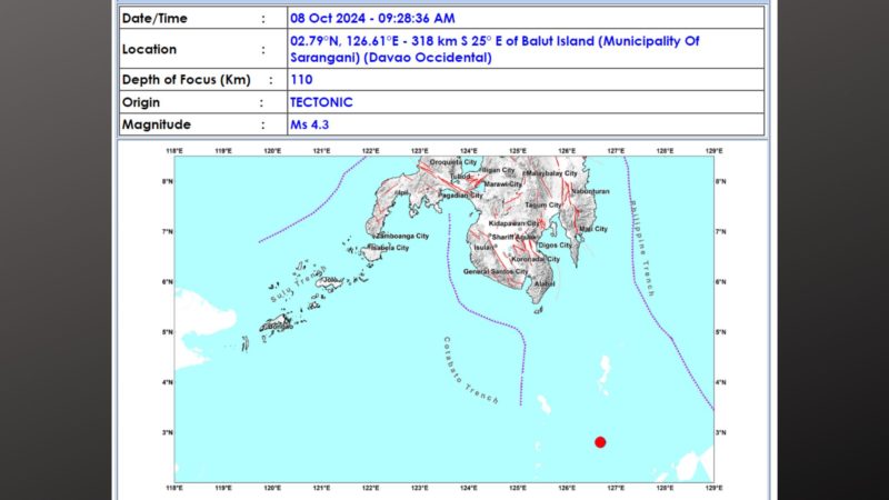 Balut Island sa Davao Occidental niyanig ng magnitude 4.3 na lindol