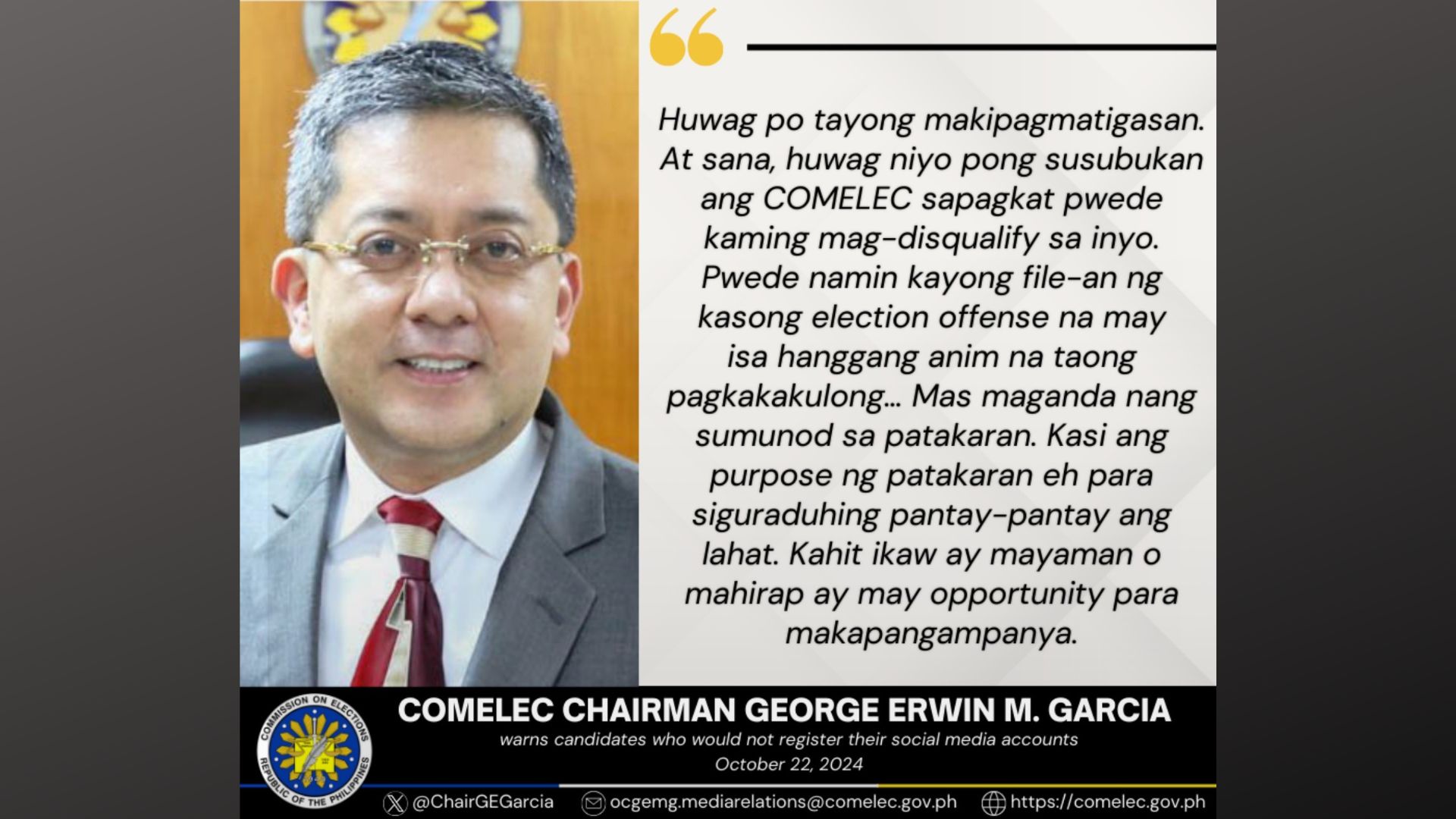 Comelec hahabulin ang mga kandidato na hindi magpaparehistro ng kanilang mga social media account