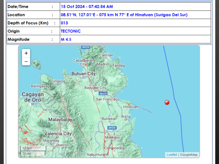 Surigao del Sur niyanig ng magnitude 4.5 na lindol