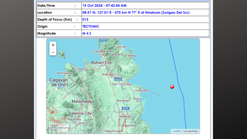 Surigao del Sur niyanig ng magnitude 4.5 na lindol