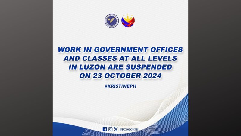 Pasok sa klase at trabaho sa gobyerno sa buong Luzon suspendido ngayong araw (Oct. 23)