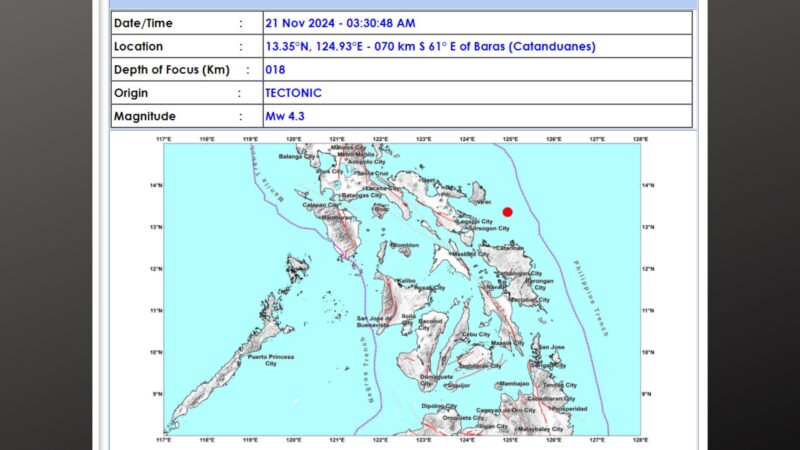 Catanduanes, niyanig ng magnitude 4.3 na lindol