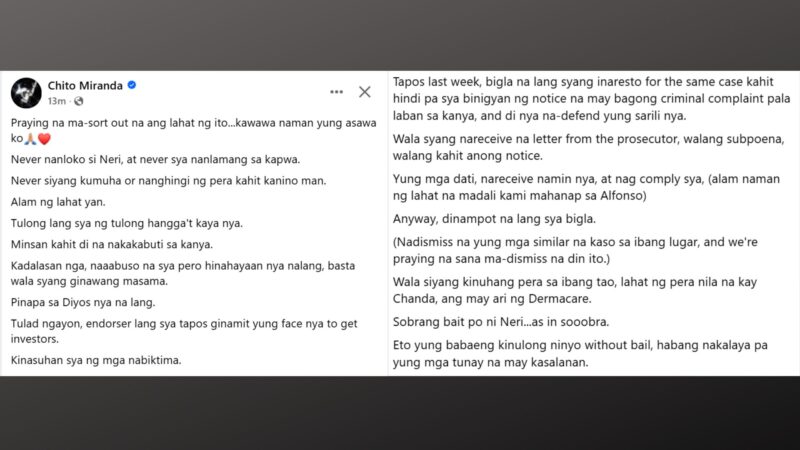 Chito Miranda nagsalita na kaugnay ng pagkakaaresto sa kaniyang asawang si Neri