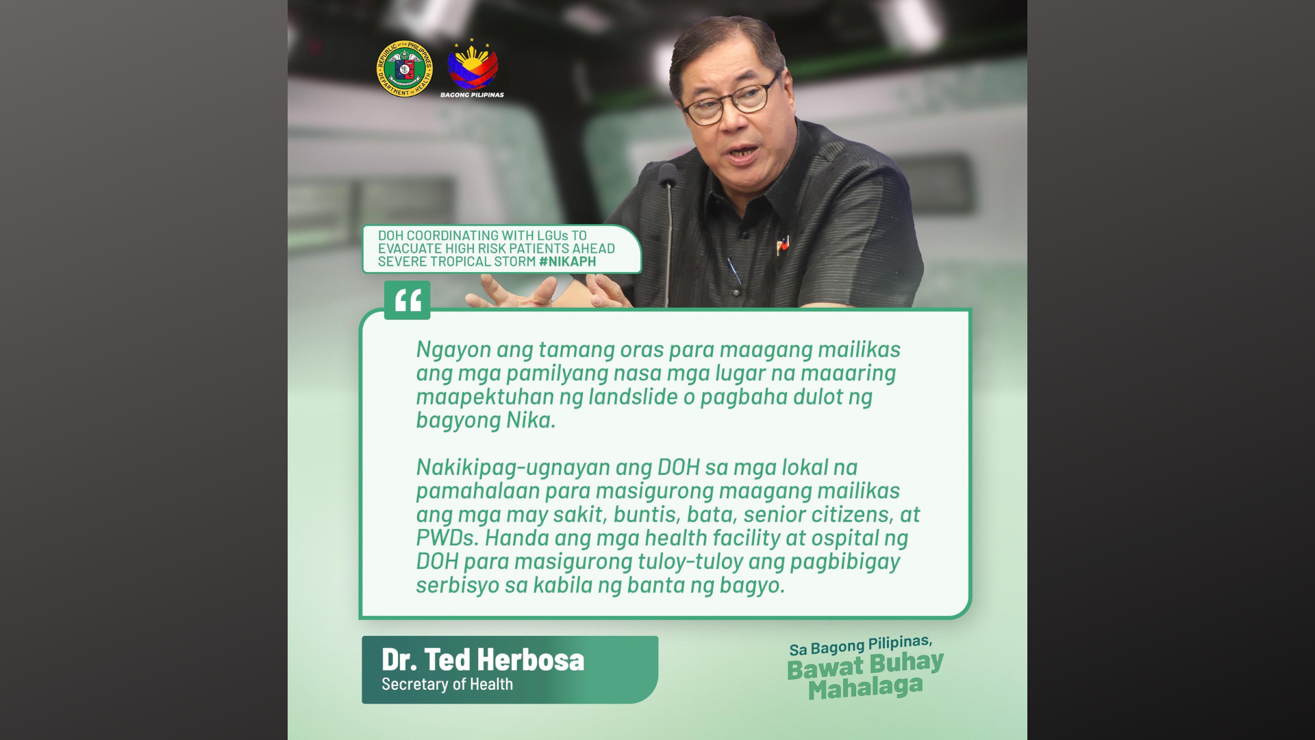 DOH nakikipag-ugnayan sa mga LGU para mailikas ang mga high risk patients, senior citizens, PWDs, sa mga lugar na tatamaan ng bagyong Nika