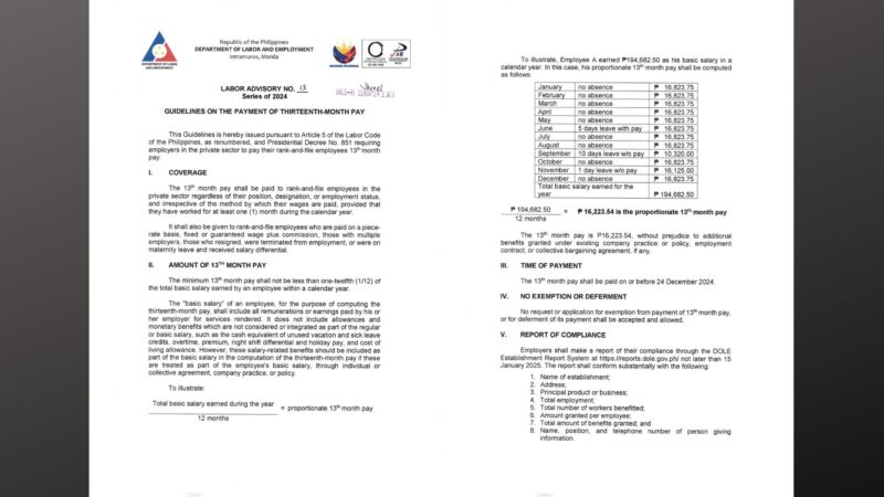 DOLE pinaalalahanan ang mga employers sa pagbibigay ng 13th month pay sa kanilang mga empleyado