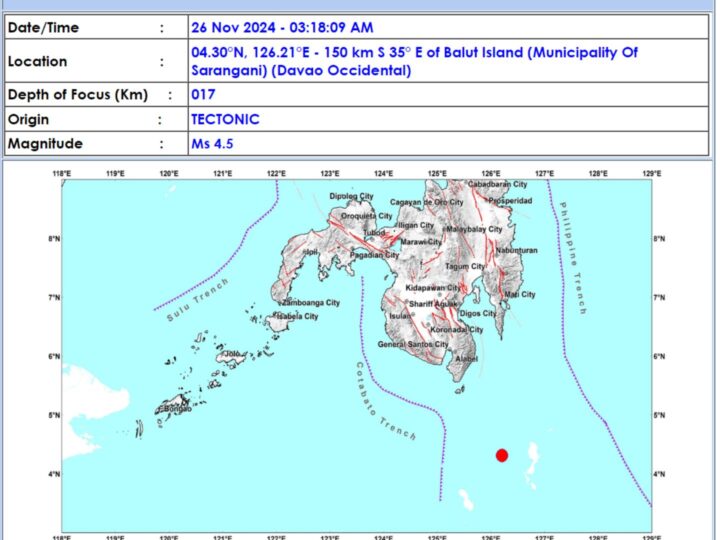 Davao Occidental niyanig ng magnitude 4.5 na lindol