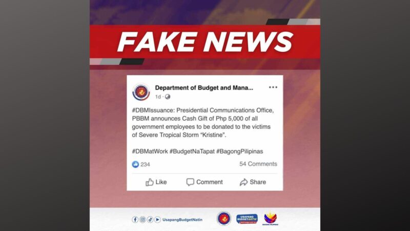 P5,000 na donasyon ng mga empleyado ng gobyerno sa mga nasalanta ng bagyo, fake news ayon sa DBM