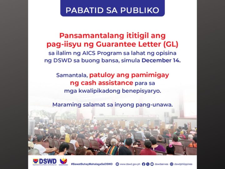 Pag-iisyu ng Guarantee Letter sa ilalim ng Assistance to Individuals in Crisis Situation ng DSWD pansamantalang ihihinto simula sa Dec. 14