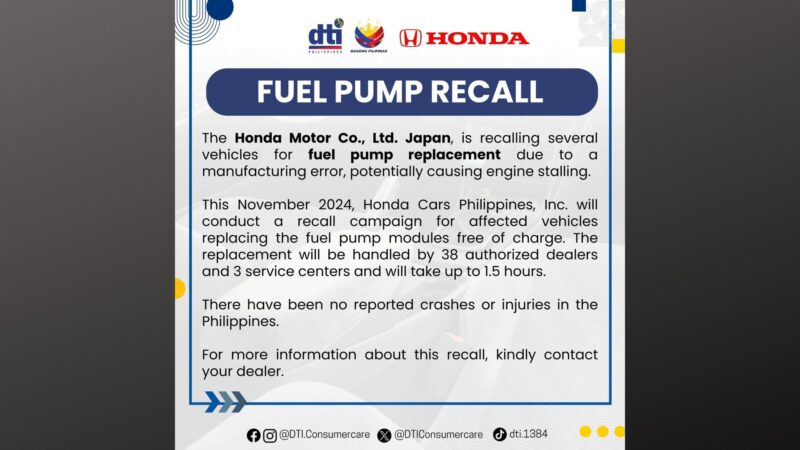 Honda iniutos ang recall sa mahigit 16,800 na sasakyan dahil sa depektibong fuel pump