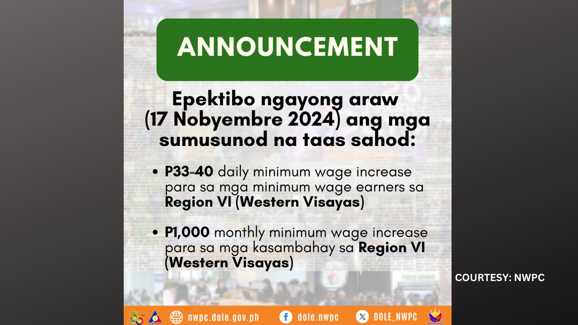 Dagdag sa minimum wage sa Western Visayas epektibo na