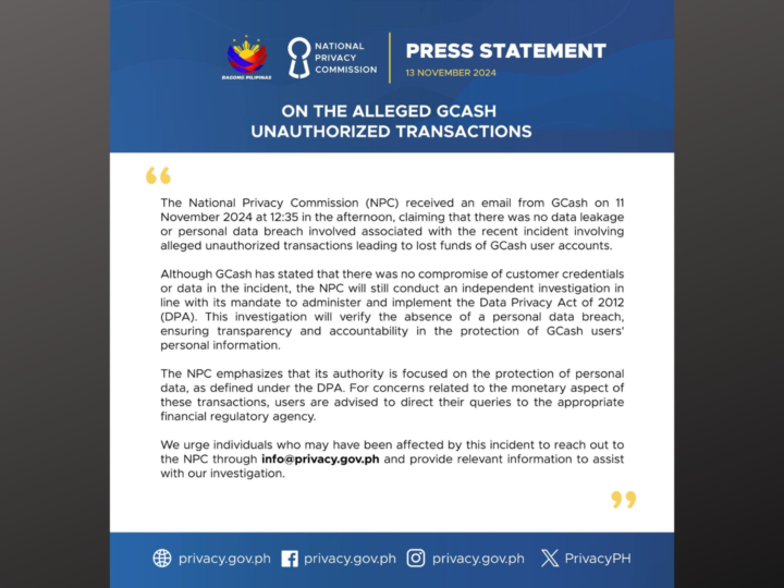 National Privacy Commission magkakasa ng imbestigasyon sa unathorized transactions na naranasan ng mga user ng GCash