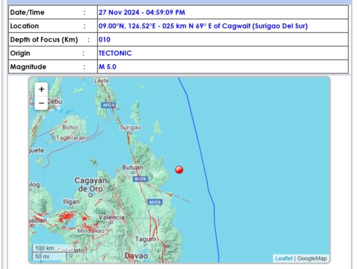 Surigao del Sur niyanig ng magntude 5.0 na lindol