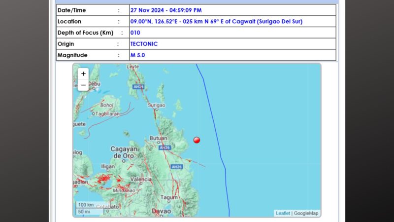 Surigao del Sur niyanig ng magntude 5.0 na lindol