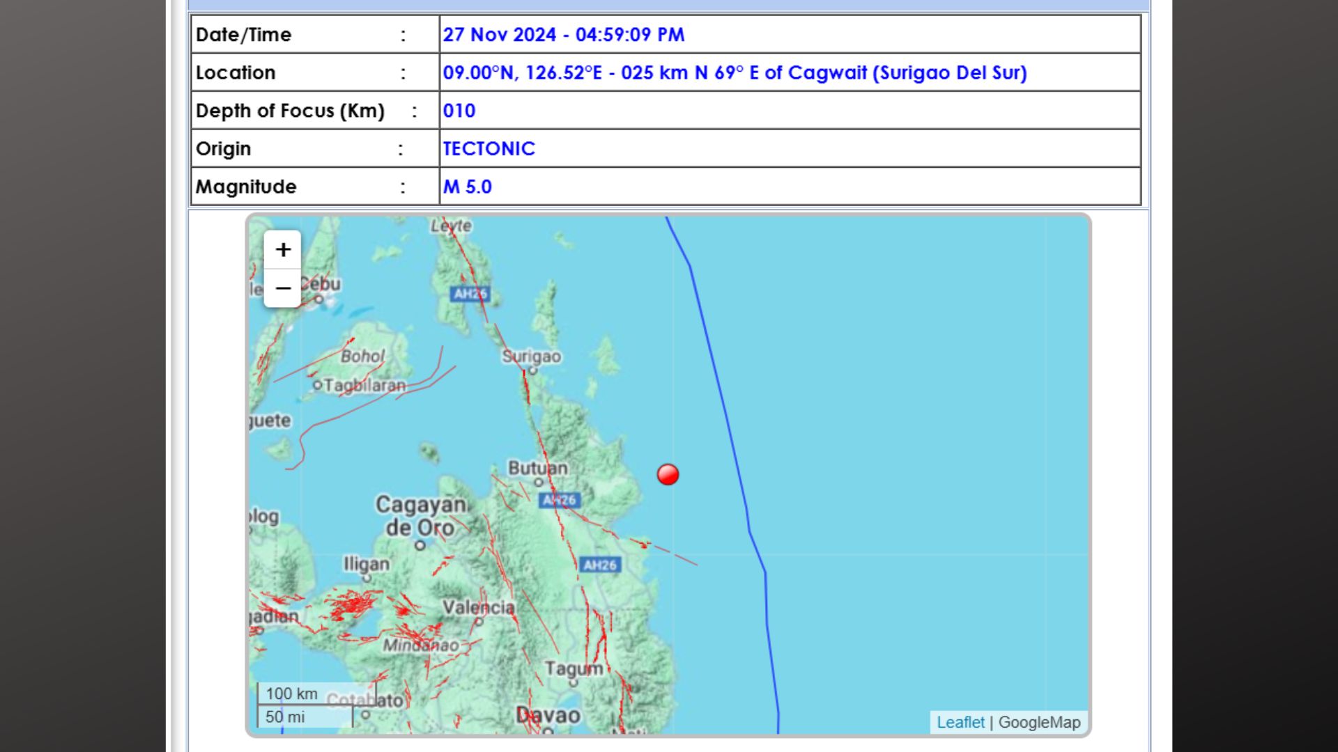 Surigao del Sur niyanig ng magntude 5.0 na lindol