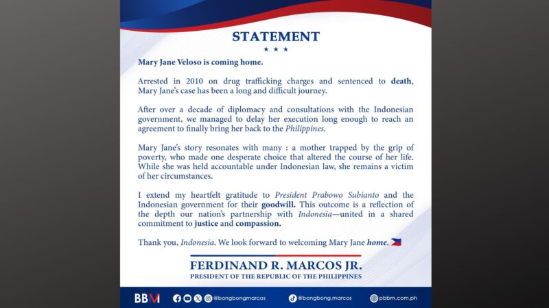 BREAKING: Mary Jane Veloso makakauwi na sa bansa ayon kay Pangulong Marcos