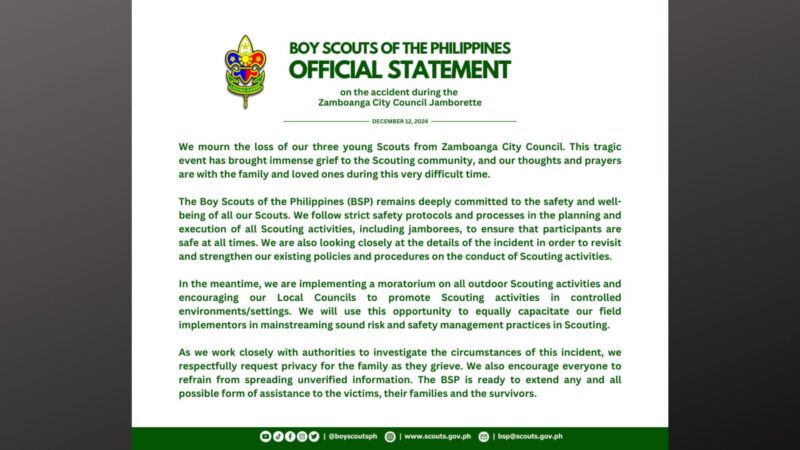 Lahat ng outdoor Scouting activities ipinagbawal muna kasunod ng pagkamatay ng 3 scouts habang nasa camping sa Zamboanga City