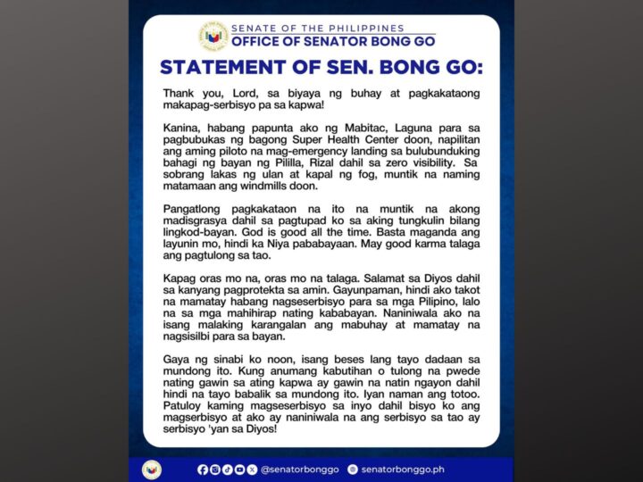 Helicopter na sinasakyan ni Sen. Bong Go nag-emergency landing sa Pililia, Rizal dahil sa sama ng panahon