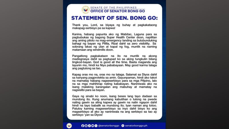 Helicopter na sinasakyan ni Sen. Bong Go nag-emergency landing sa Pililia, Rizal dahil sa sama ng panahon